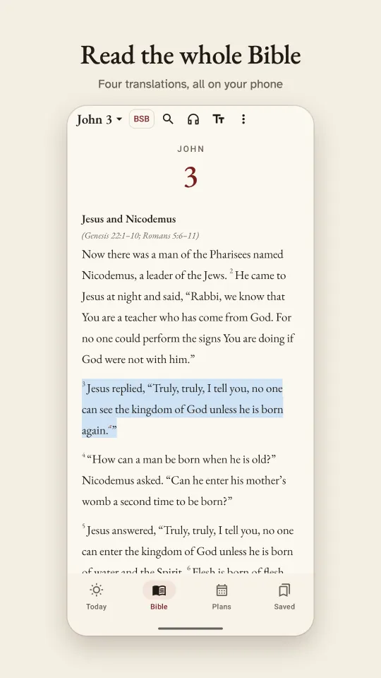 Reading John 3 in the app, with a verse highlighted