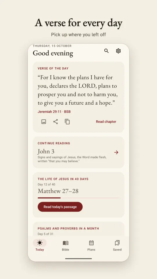 The Today tab: the verse of the day, continue reading and today’s plan reading