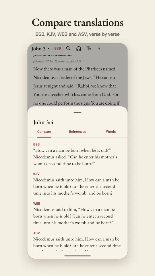 Comparing John 3:4 in the BSB, KJV, WEB and ASV